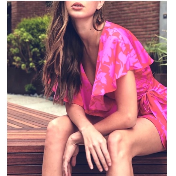 Do + Be Open Back Cutout Hot Pink & Red Floral Romper  Dress - Size S - Picture 5 of 12